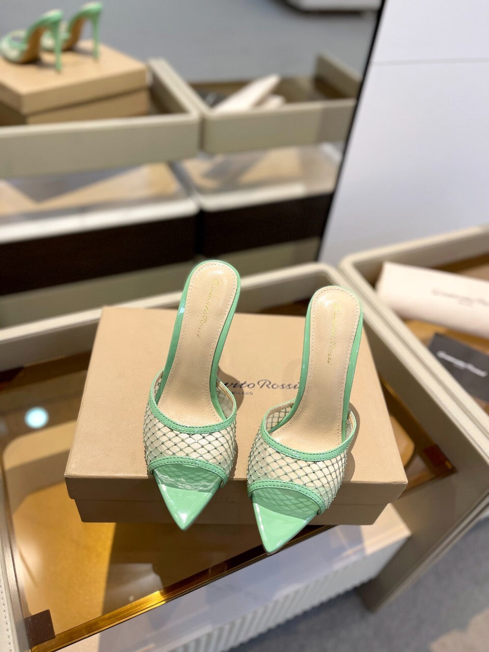 GIANVITO ROSSI 26S HEELED SANDALS 105 MM IN MINT GREEN MESH FABRIC AND CALFSKIN