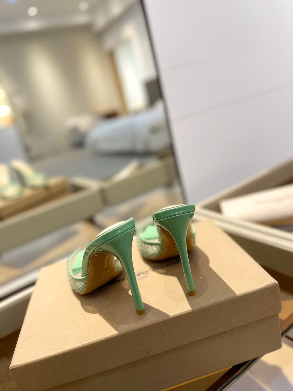 GIANVITO ROSSI 26S HEELED SANDALS 105 MM IN MINT GREEN MESH FABRIC AND CALFSKIN