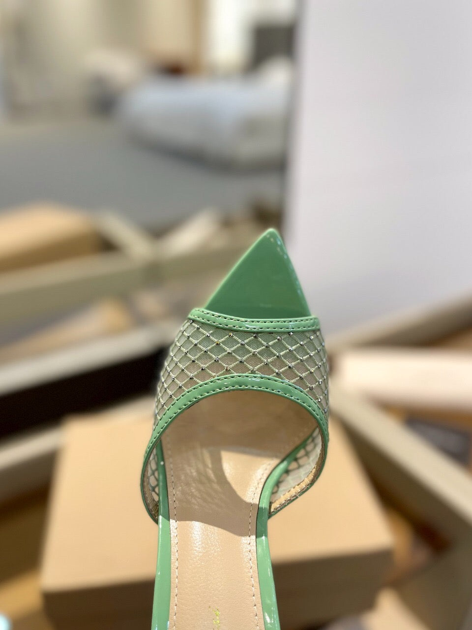 GIANVITO ROSSI 26S HEELED SANDALS 105 MM IN MINT GREEN MESH FABRIC AND CALFSKIN