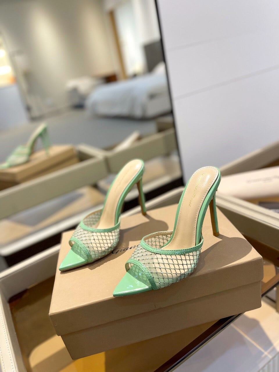 GIANVITO ROSSI 26S HEELED SANDALS 105 MM IN MINT GREEN MESH FABRIC AND CALFSKIN