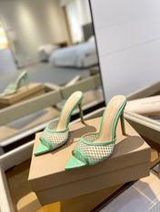 GIANVITO ROSSI 26S HEELED SANDALS 105 MM IN MINT GREEN MESH FABRIC AND CALFSKIN