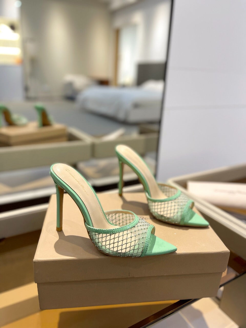 GIANVITO ROSSI 26S HEELED SANDALS 105 MM IN MINT GREEN MESH FABRIC AND CALFSKIN