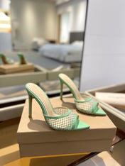 GIANVITO ROSSI 26S HEELED SANDALS 105 MM IN MINT GREEN MESH FABRIC AND CALFSKIN