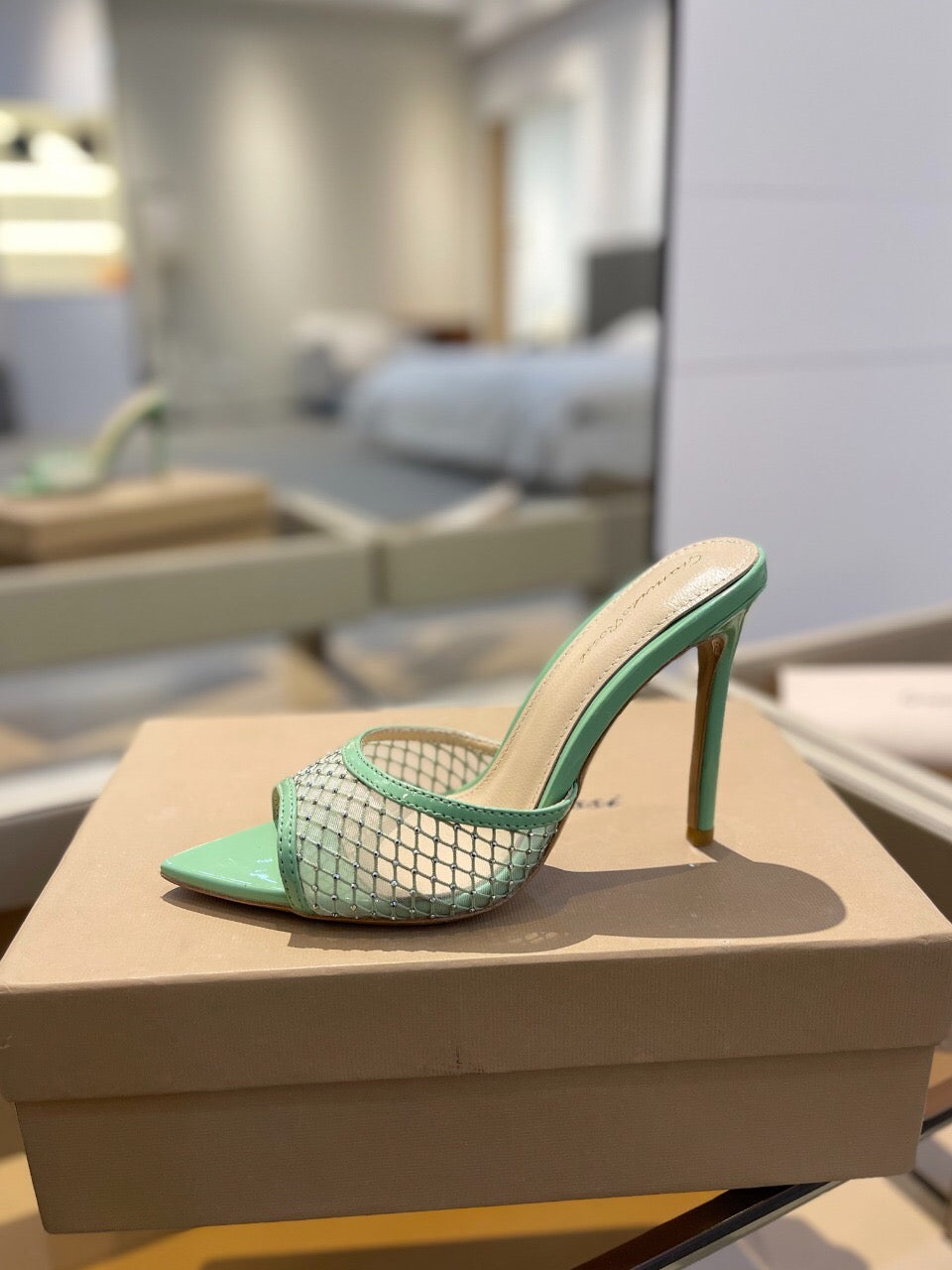 GIANVITO ROSSI 26S HEELED SANDALS 105 MM IN MINT GREEN MESH FABRIC AND CALFSKIN