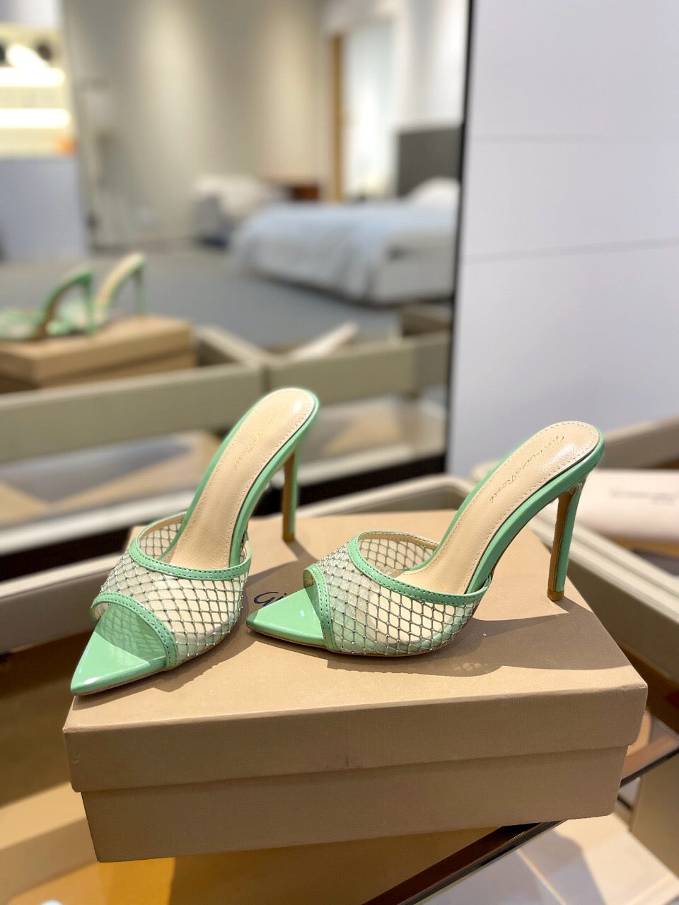 GIANVITO ROSSI 26S HEELED SANDALS 105 MM IN MINT GREEN MESH FABRIC AND CALFSKIN