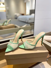 GIANVITO ROSSI 26S HEELED SANDALS 105 MM IN MINT GREEN MESH FABRIC AND CALFSKIN