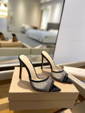GIANVITO ROSSI 26S HEELED SANDALS 105 MM IN BLACK MESH FABRIC AND CALFSKIN