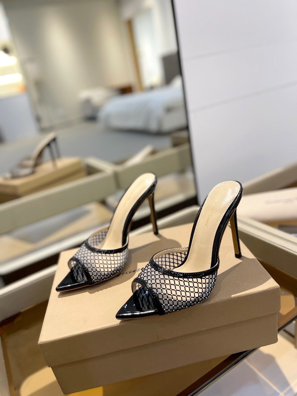 GIANVITO ROSSI 26S HEELED SANDALS 105 MM IN BLACK MESH FABRIC AND CALFSKIN