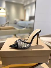 GIANVITO ROSSI 26S HEELED SANDALS 105 MM IN BLACK MESH FABRIC AND CALFSKIN