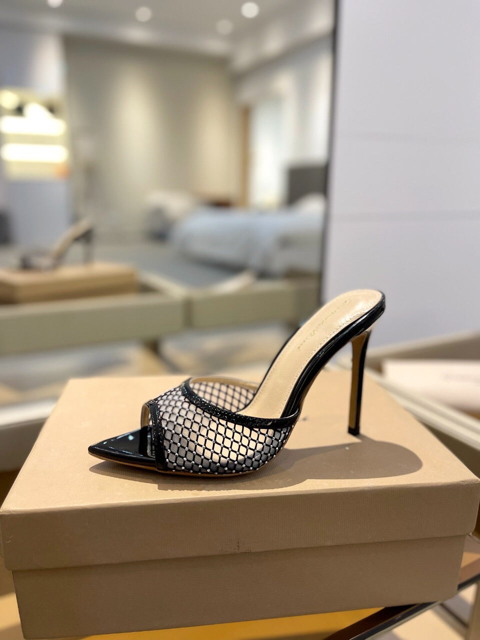 GIANVITO ROSSI 26S HEELED SANDALS 105 MM IN BLACK MESH FABRIC AND CALFSKIN