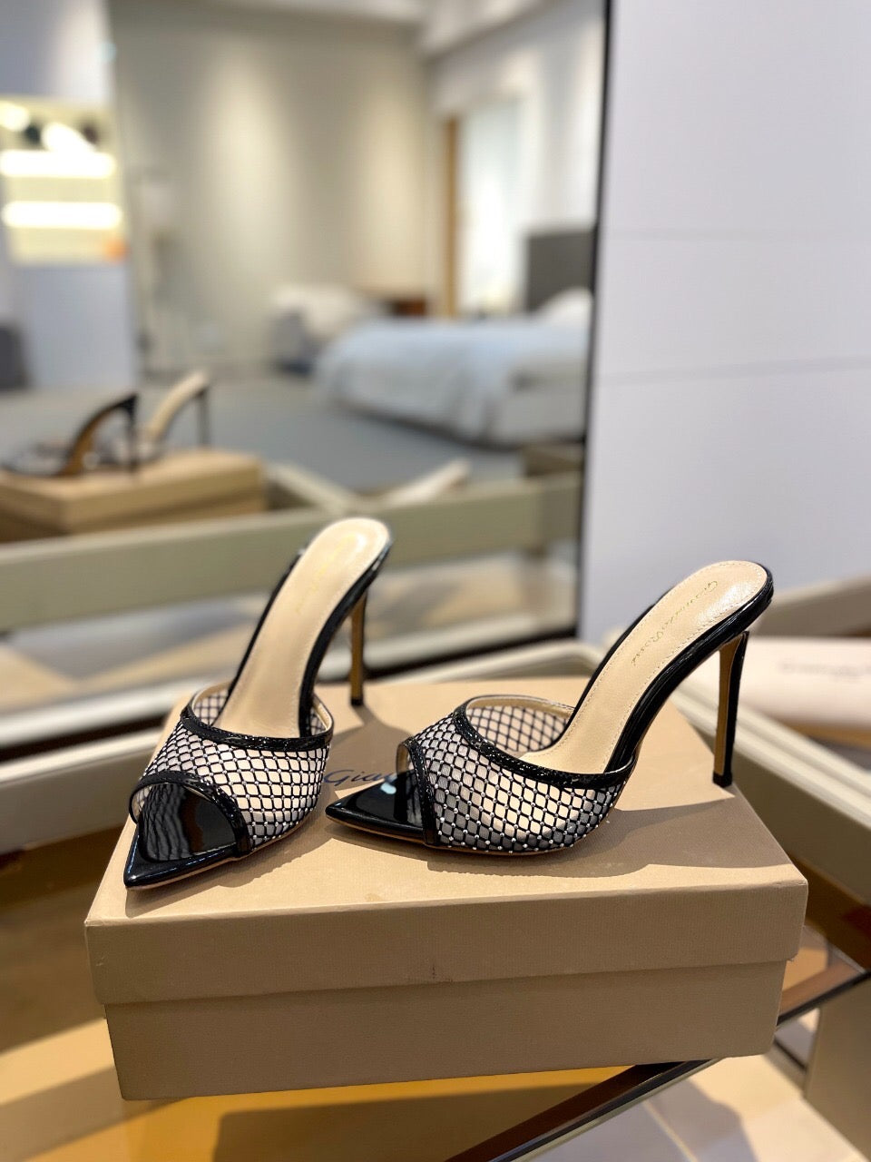 GIANVITO ROSSI 26S HEELED SANDALS 105 MM IN BLACK MESH FABRIC AND CALFSKIN