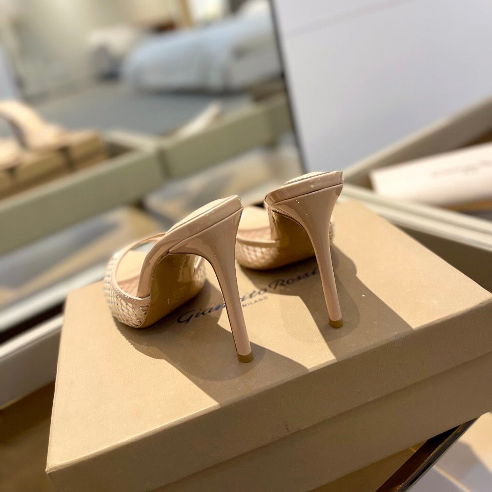 GIANVITO ROSSI 26S HEELED SANDALS 105 MM IN NUDE MESH FABRIC AND CALFSKIN