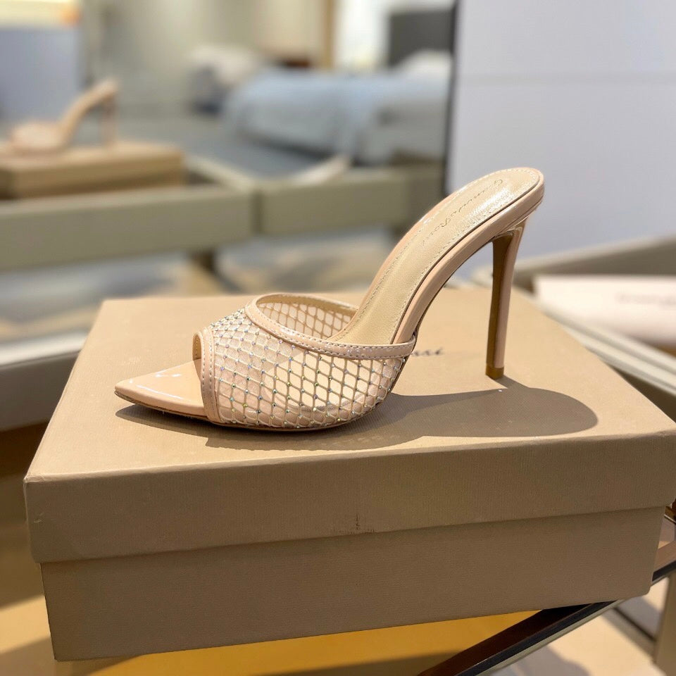 GIANVITO ROSSI 26S HEELED SANDALS 105 MM IN NUDE MESH FABRIC AND CALFSKIN