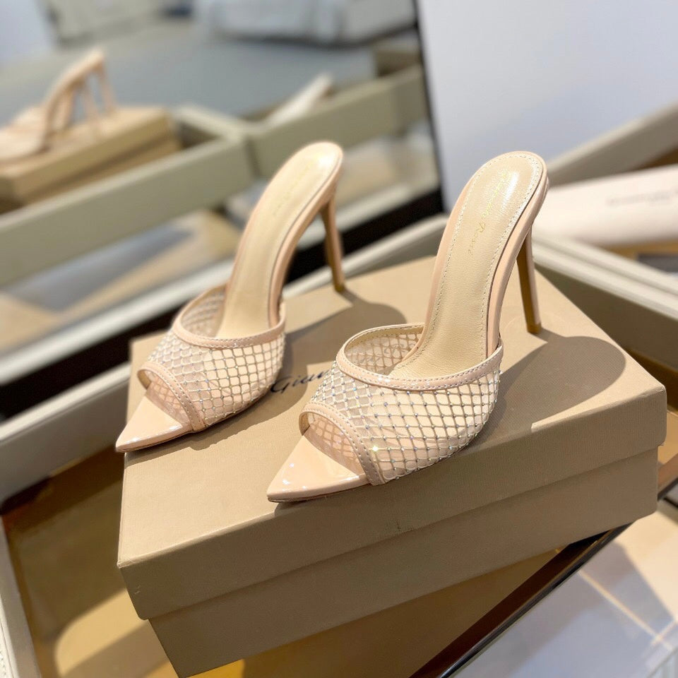 GIANVITO ROSSI 26S HEELED SANDALS 105 MM IN NUDE MESH FABRIC AND CALFSKIN