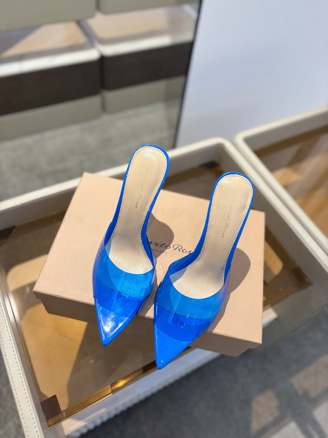 GIANVITO ROSSI 26S HEELED SANDALS 105 MM IN BLUE CALFSKIN