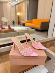 GIANVITO ROSSI 26S HEELED SANDALS 105 MM IN LIGHT PINK LACE AND LAMBSKIN