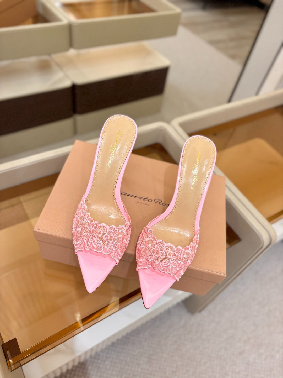 GIANVITO ROSSI 26S HEELED SANDALS 105 MM IN LIGHT PINK LACE AND LAMBSKIN