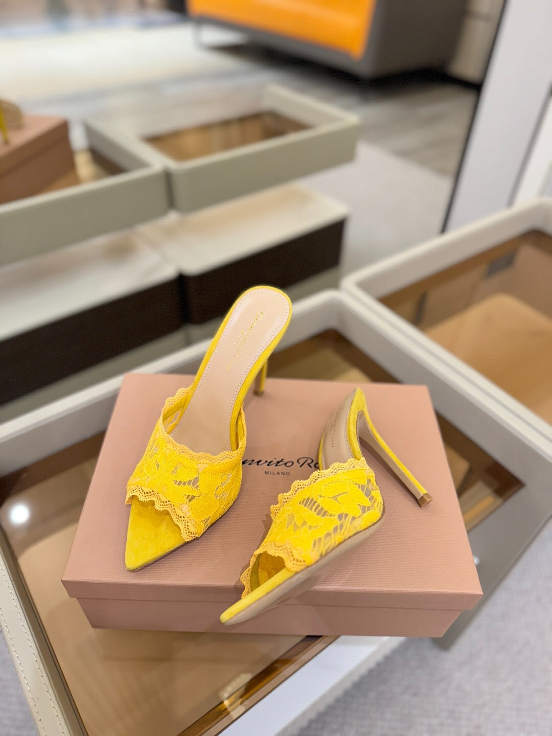 GIANVITO ROSSI 26S HEELED SANDALS 105 MM IN DARK YELLOW SUEDE AND LACE
