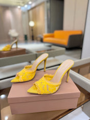 GIANVITO ROSSI 26S HEELED SANDALS 105 MM IN DARK YELLOW SUEDE AND LACE