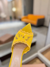 GIANVITO ROSSI 26S HEELED SANDALS 105 MM IN DARK YELLOW SUEDE AND LACE