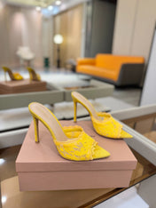 GIANVITO ROSSI 26S HEELED SANDALS 105 MM IN DARK YELLOW SUEDE AND LACE