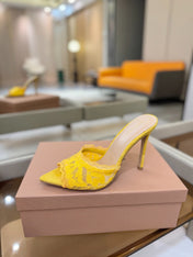 GIANVITO ROSSI 26S HEELED SANDALS 105 MM IN DARK YELLOW SUEDE AND LACE