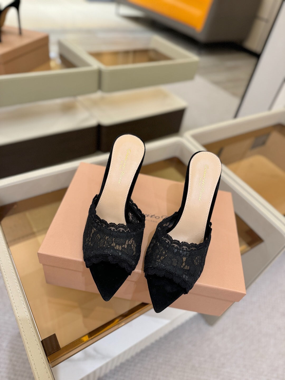 GIANVITO ROSSI 26S HEELED SANDALS 105 MM IN BLACK SUEDE AND LACE