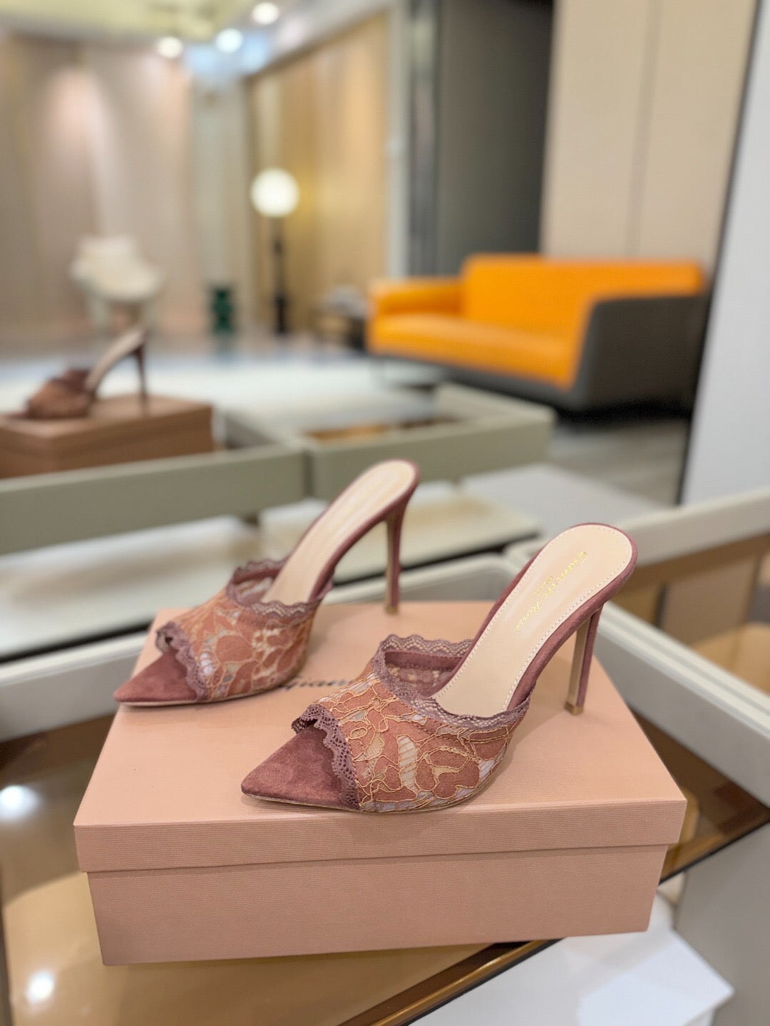 GIANVITO ROSSI 26S HEELED SANDALS 105 MM IN PINKISH BROWN SUEDE AND LACE