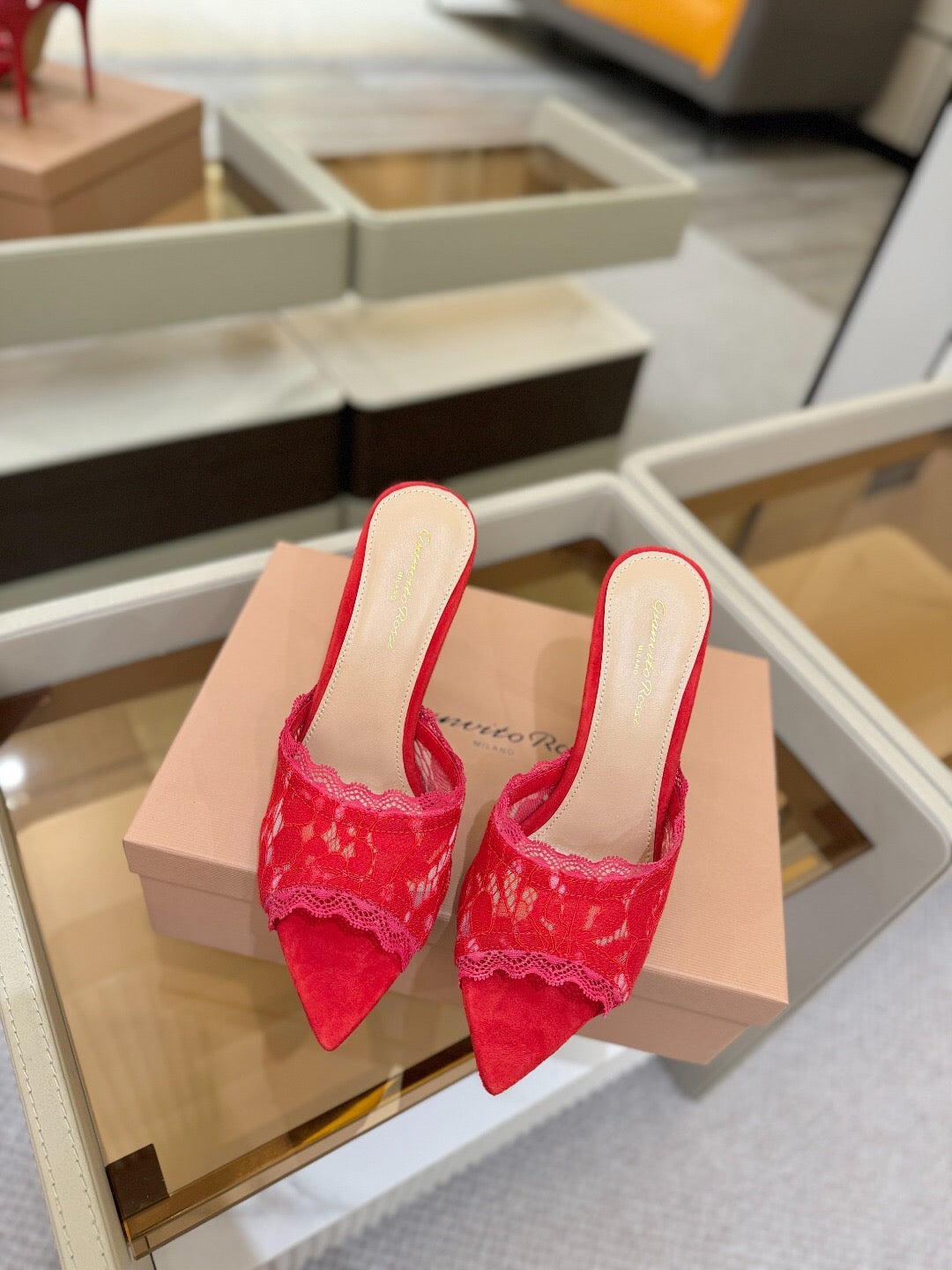 GIANVITO ROSSI 26S HEELED SANDALS 105 MM IN RED SUEDE AND LACE