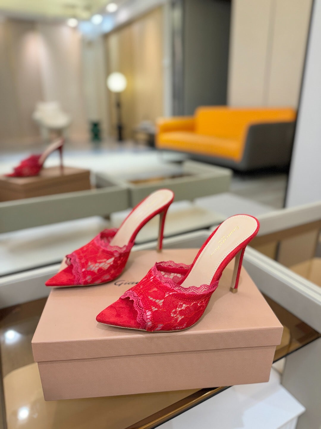 GIANVITO ROSSI 26S HEELED SANDALS 105 MM IN RED SUEDE AND LACE