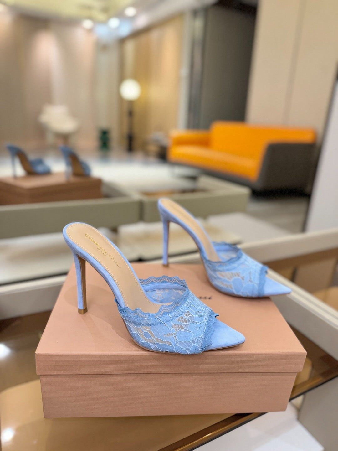 GIANVITO ROSSI 26S HEELED SANDALS 105 MM IN LIGHT BLUE SUEDE AND LACE