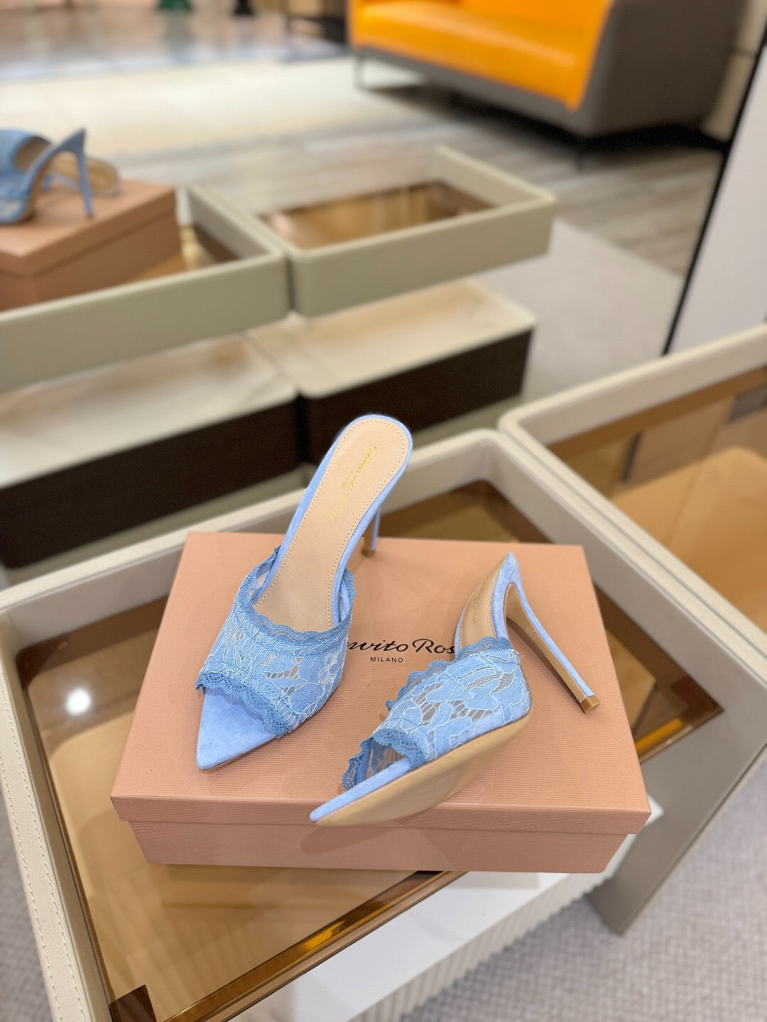 GIANVITO ROSSI 26S HEELED SANDALS 105 MM IN LIGHT BLUE SUEDE AND LACE