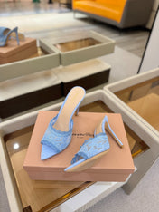 GIANVITO ROSSI 26S HEELED SANDALS 105 MM IN LIGHT BLUE SUEDE AND LACE