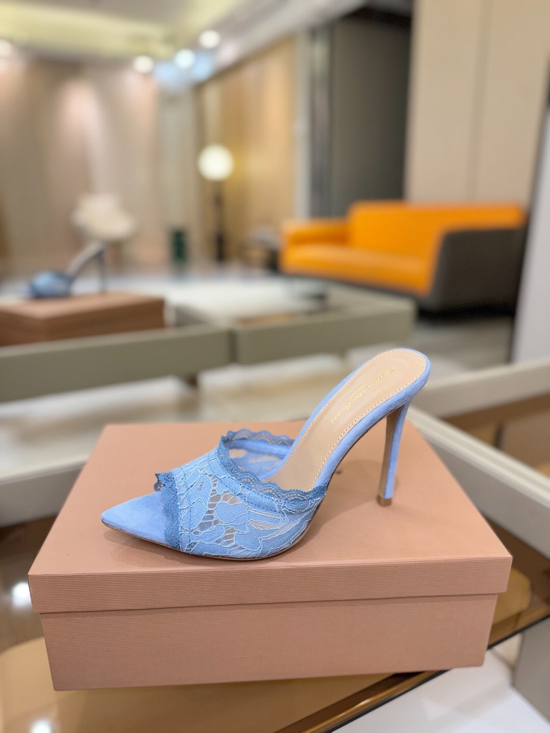 GIANVITO ROSSI 26S HEELED SANDALS 105 MM IN LIGHT BLUE SUEDE AND LACE