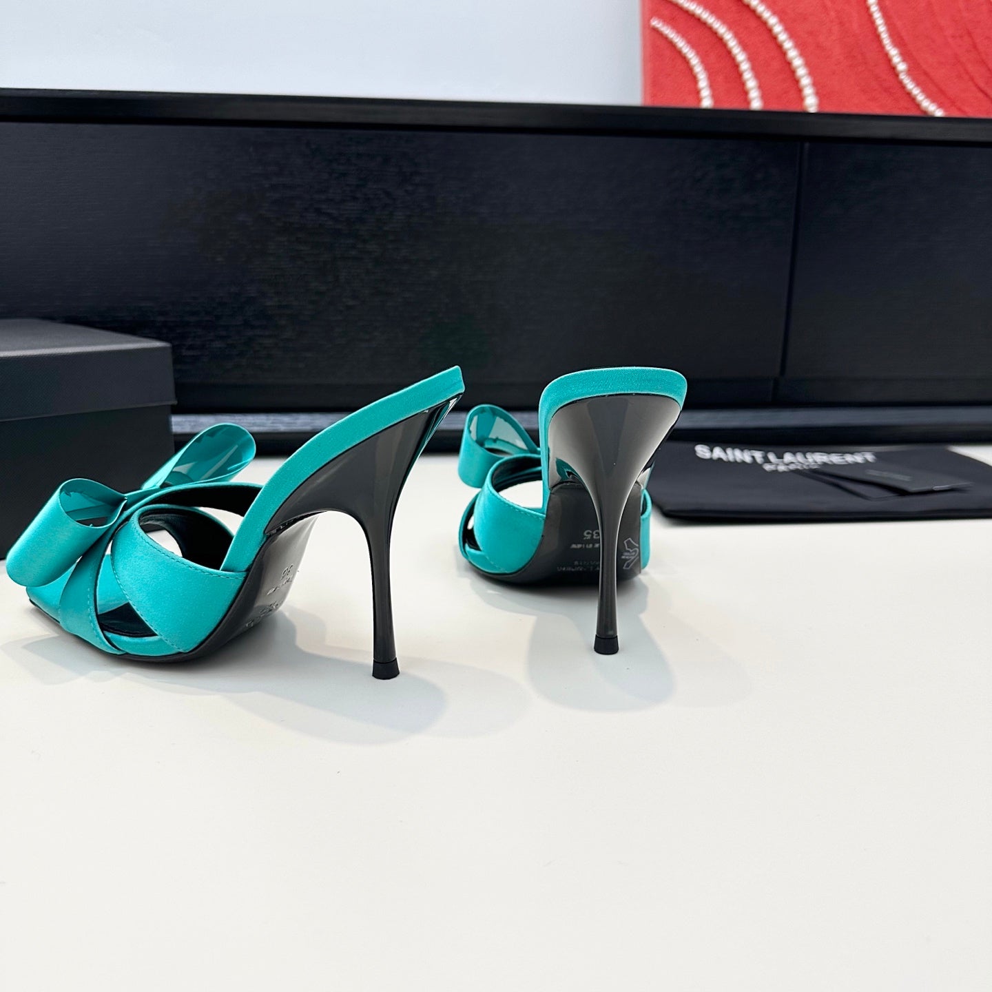 YSL 26S HEELED SANDALS 105 MM IN TIFFANY BLUE SATIN