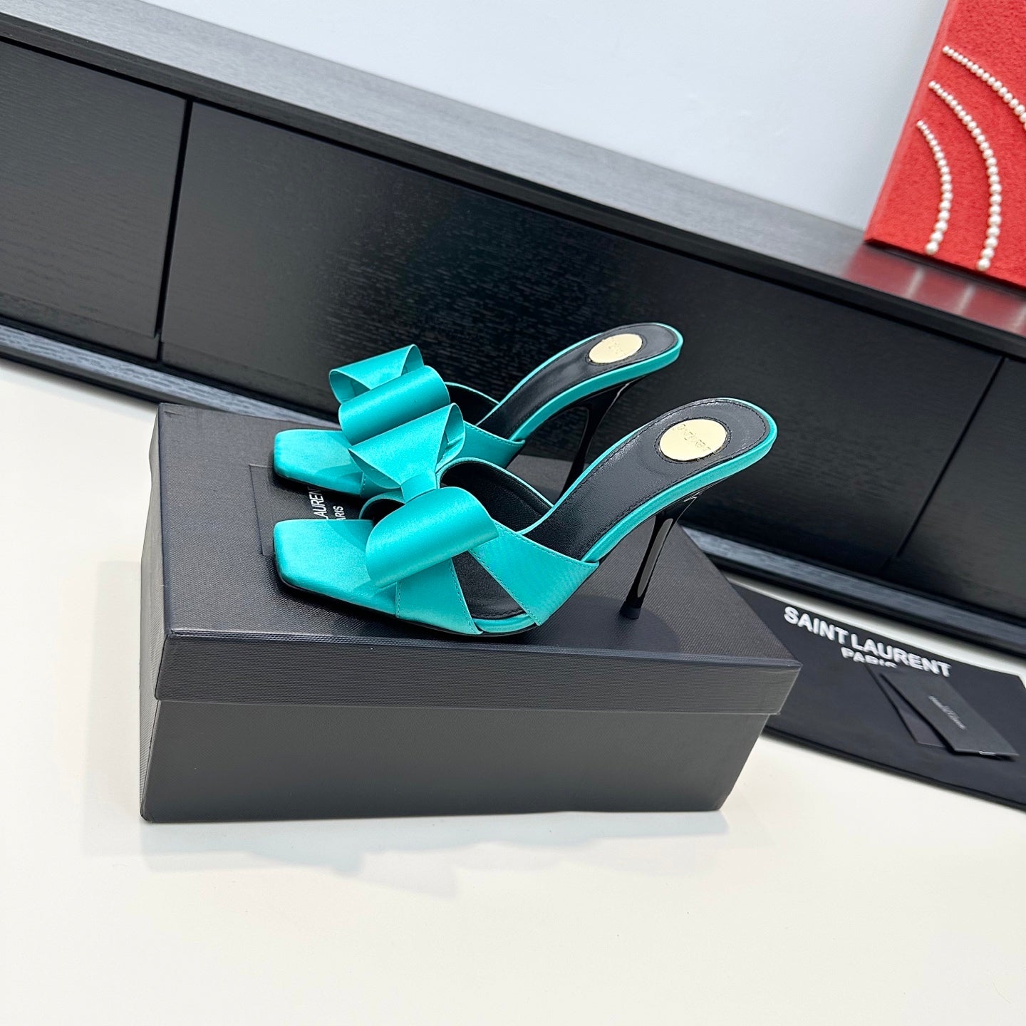 YSL 26S HEELED SANDALS 105 MM IN TIFFANY BLUE SATIN