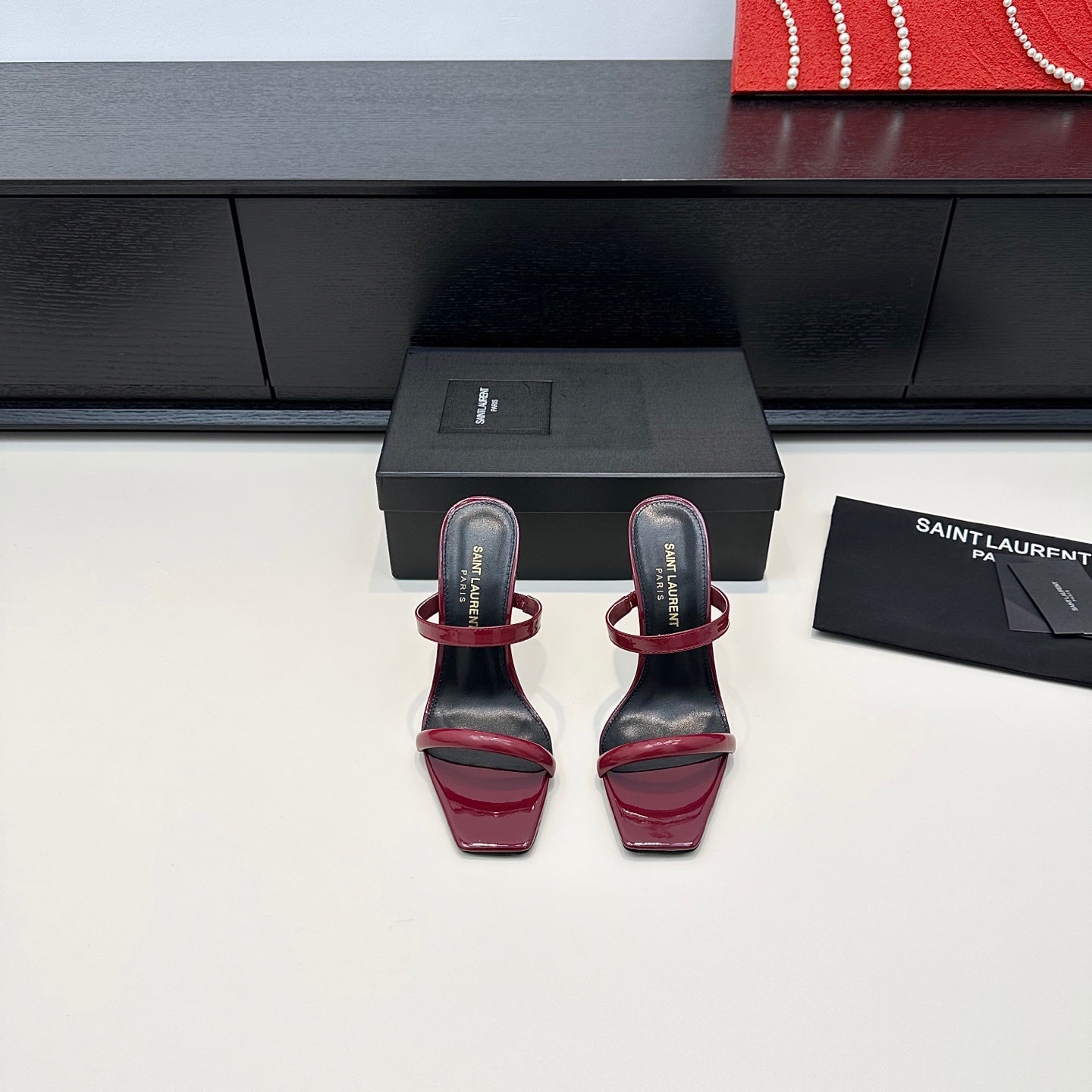 YSL 26S DOUBLE-STRAP HEELED SANDALS 100 MM IN DARK RED CALFSKIN
