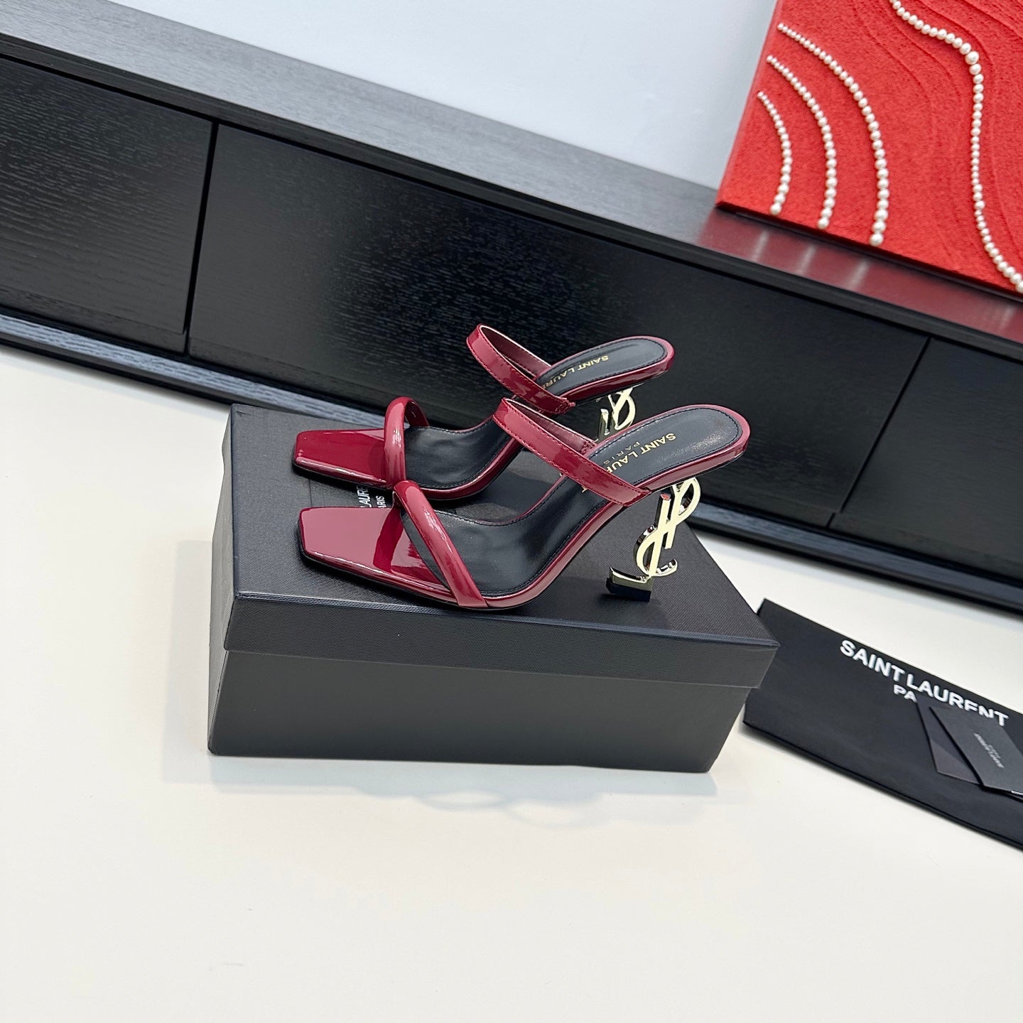 YSL 26S DOUBLE-STRAP HEELED SANDALS 100 MM IN DARK RED CALFSKIN