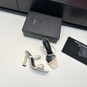YSL 26S DOUBLE-STRAP HEELED SANDALS 100 MM IN CREAM BEIGE CALFSKIN