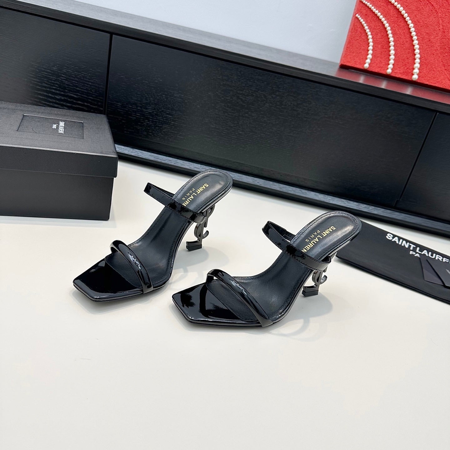 YSL 26S DOUBLE-STRAP HEELED SANDALS 100 MM IN BLACK CALFSKIN