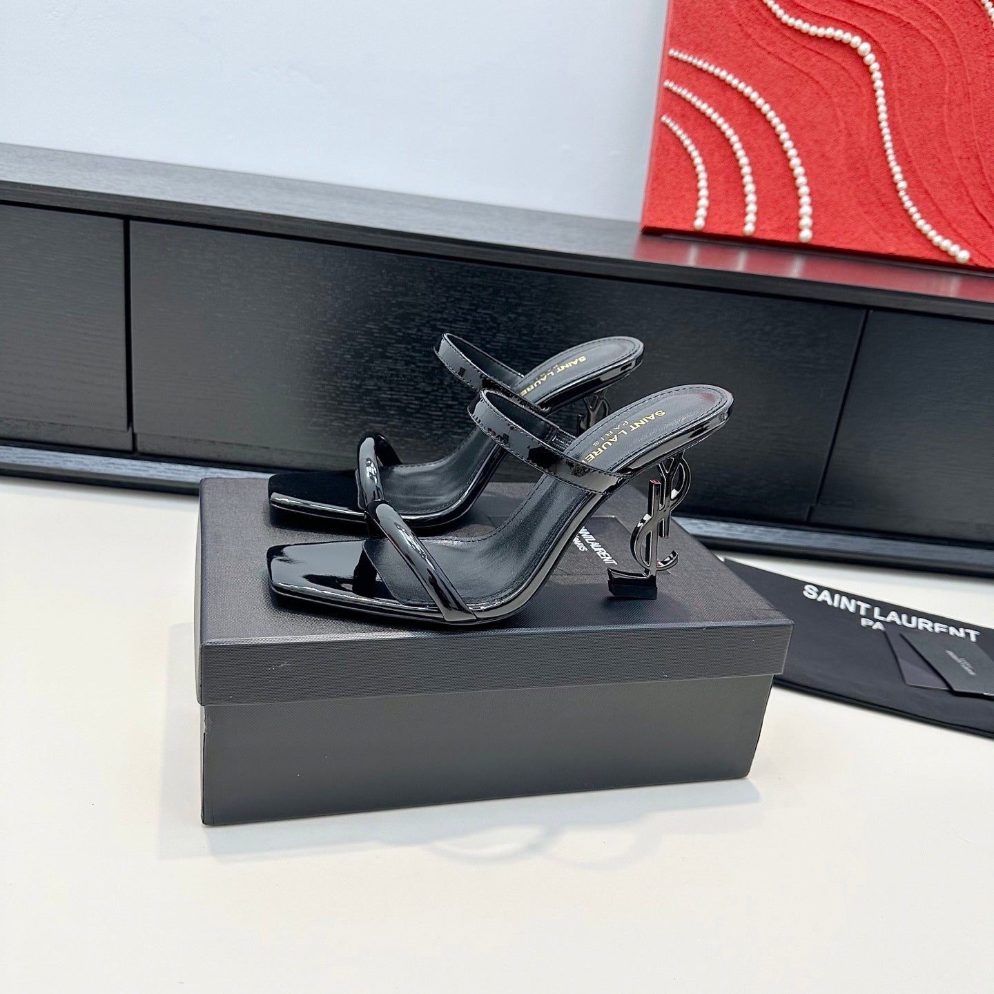 YSL 26S DOUBLE-STRAP HEELED SANDALS 100 MM IN BLACK CALFSKIN
