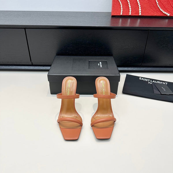 YSL 26S DOUBLE-STRAP HEELED SANDALS 100 MM IN LIGHT BROWN CALFSKIN