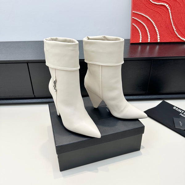 YSL 26S FOLD-OVER ANKLE BOOTS IN CREAM WHITE CALFSKIN