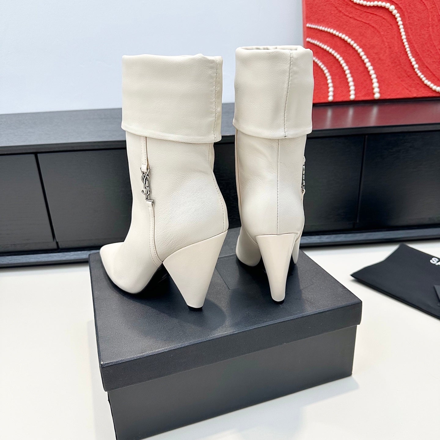 YSL 26S FOLD-OVER ANKLE BOOTS IN CREAM WHITE CALFSKIN
