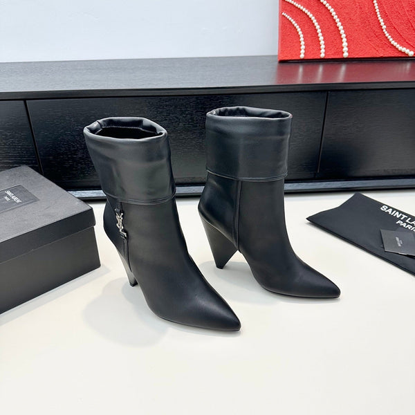 YSL 26S FOLD-OVER ANKLE BOOTS IN BLACK CALFSKIN
