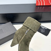 YSL 26S FOLD-OVER ANKLE BOOTS IN MOSS GREEN SUEDE
