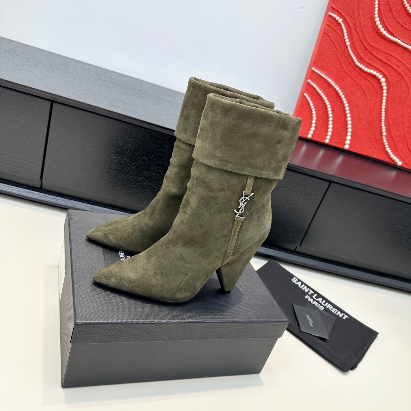 YSL 26S FOLD-OVER ANKLE BOOTS IN MOSS GREEN SUEDE
