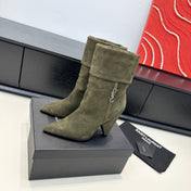 YSL 26S FOLD-OVER ANKLE BOOTS IN MOSS GREEN SUEDE