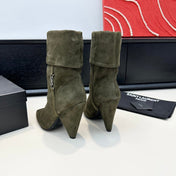 YSL 26S FOLD-OVER ANKLE BOOTS IN MOSS GREEN SUEDE