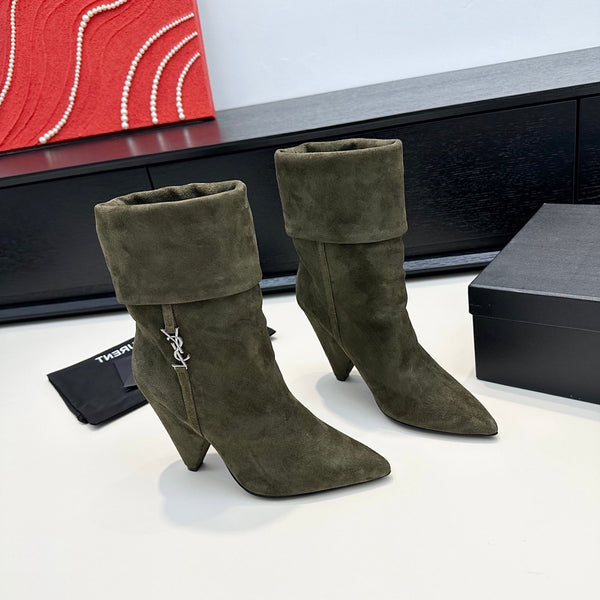 YSL 26S FOLD-OVER ANKLE BOOTS IN MOSS GREEN SUEDE